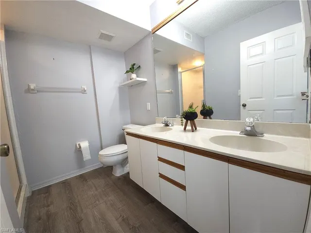 a bathroom with a double vanity sink toilet and a mirror