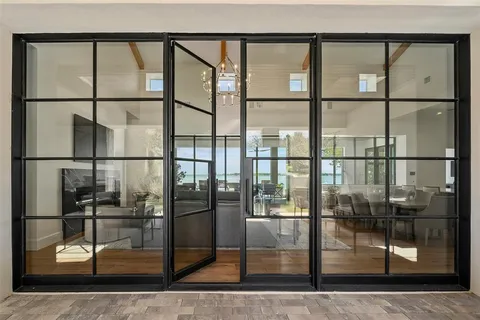 a bathroom with a glass window