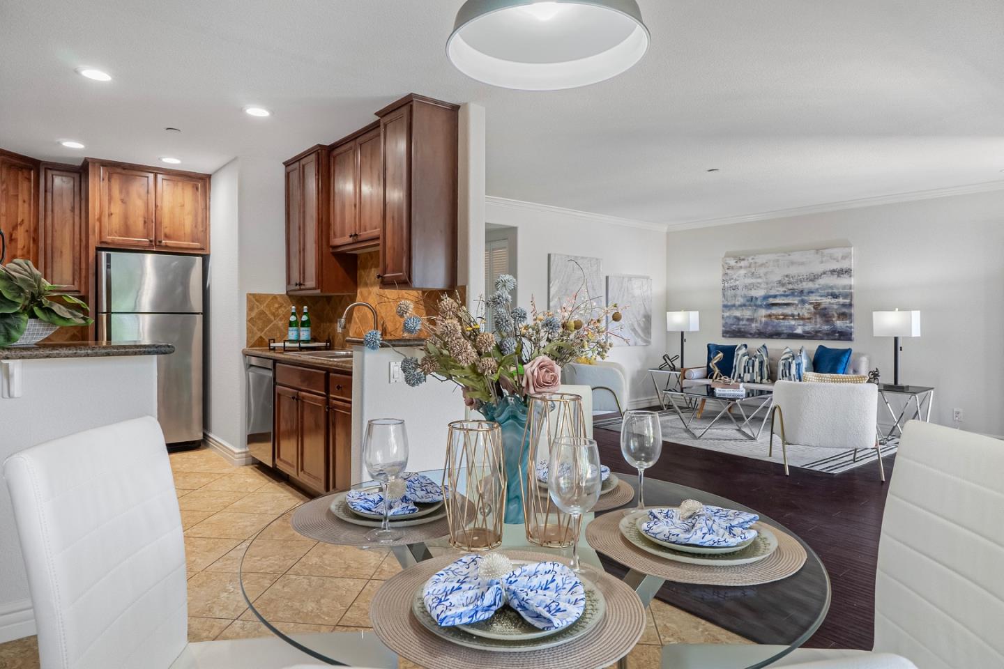 2580 Homestead Road, Unit 5201 Santa Clara, CA 95051 - Photo 8 of 38 a living room with furniture and a kitchen