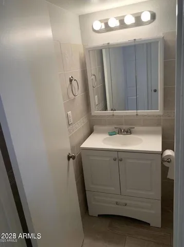 a bathroom with a sink and a mirror