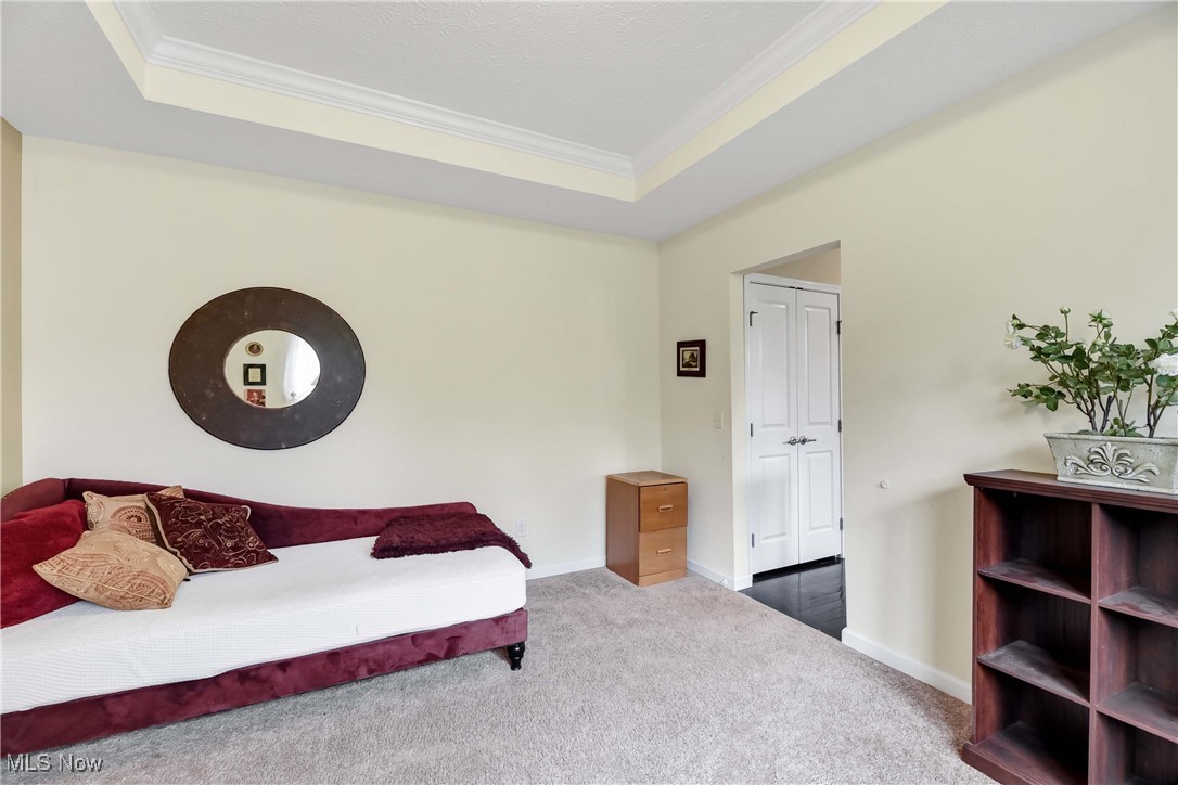 4614 Ridgestone Way Medina, OH 44256 - Photo 27 of 32 Bedroom with crown molding, baseboards, carpet flooring, and a raised ceiling
