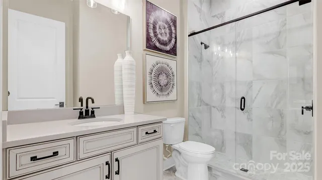 a bathroom with a sink a toilet and a shower