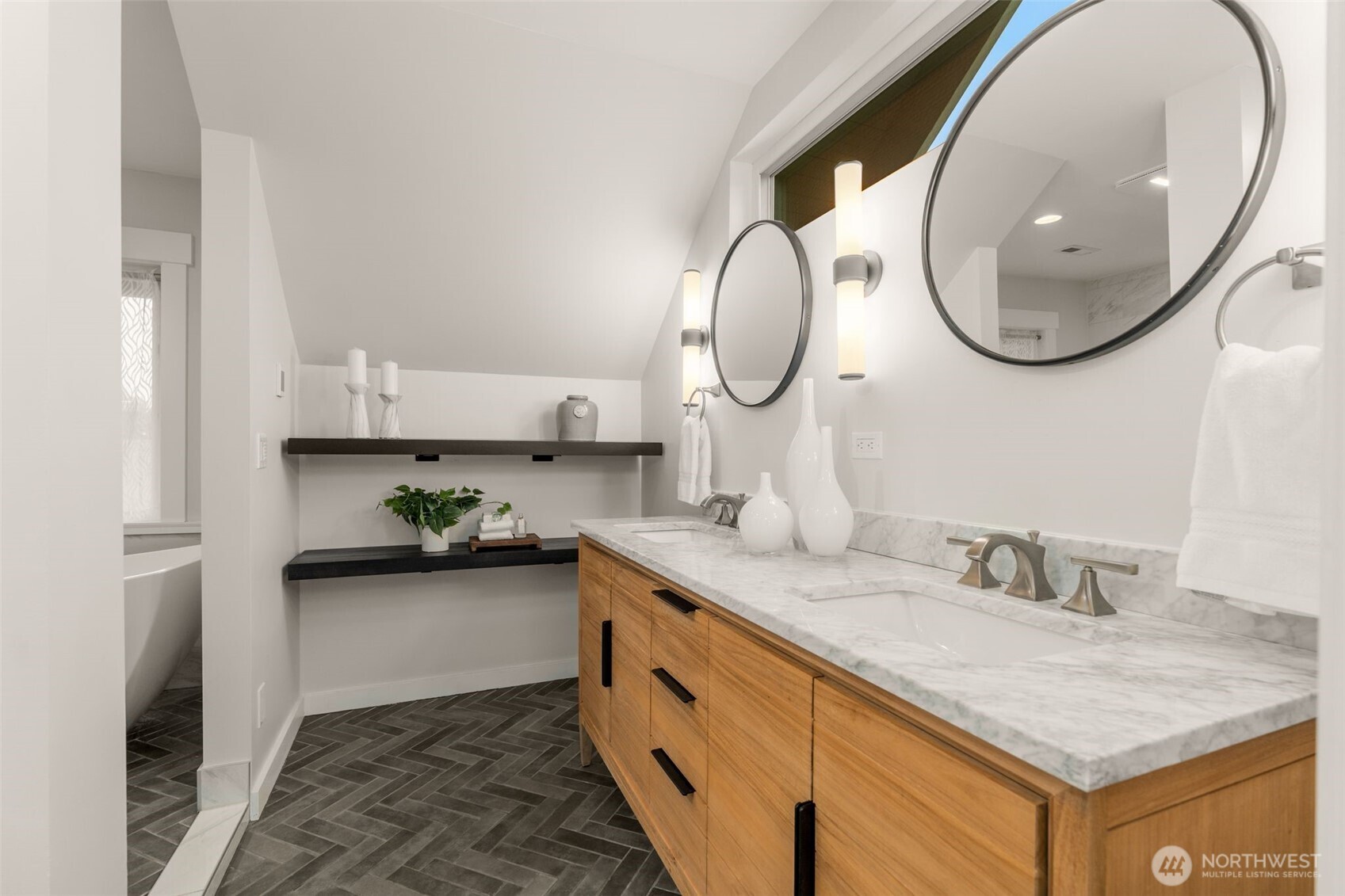 170 Lynn Street Seattle, WA 98109 - Photo 18 of 40 a bathroom with a granite countertop sink and a mirror