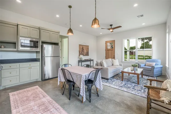 a view of a dining room with furniture