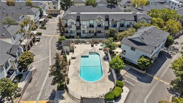 an aerial view of a backyard