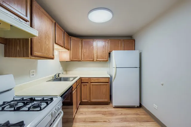a kitchen with a stove a sink and a refrigerator