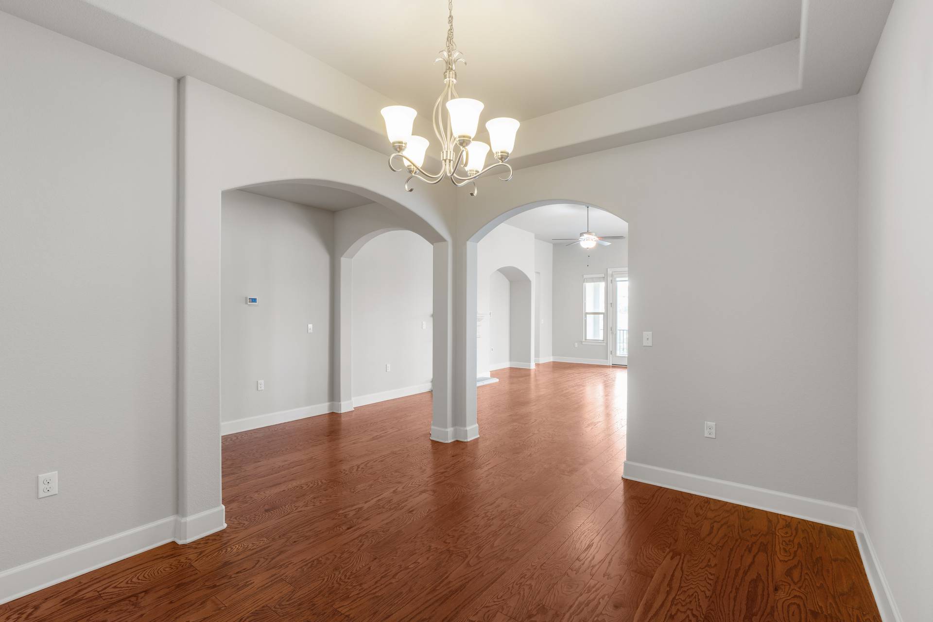 3516 Venezia View Leander, TX 78641 - Photo 24 of 40 Dining room featuring suspended lighting, dark wood-type flooring, a tray ceiling, and arched walkways