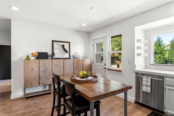 a view of a dining room with furniture window and wooden floor