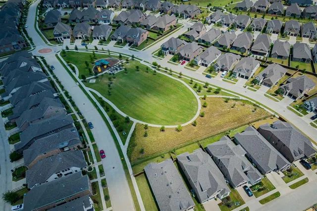 an aerial view of a swimming pool