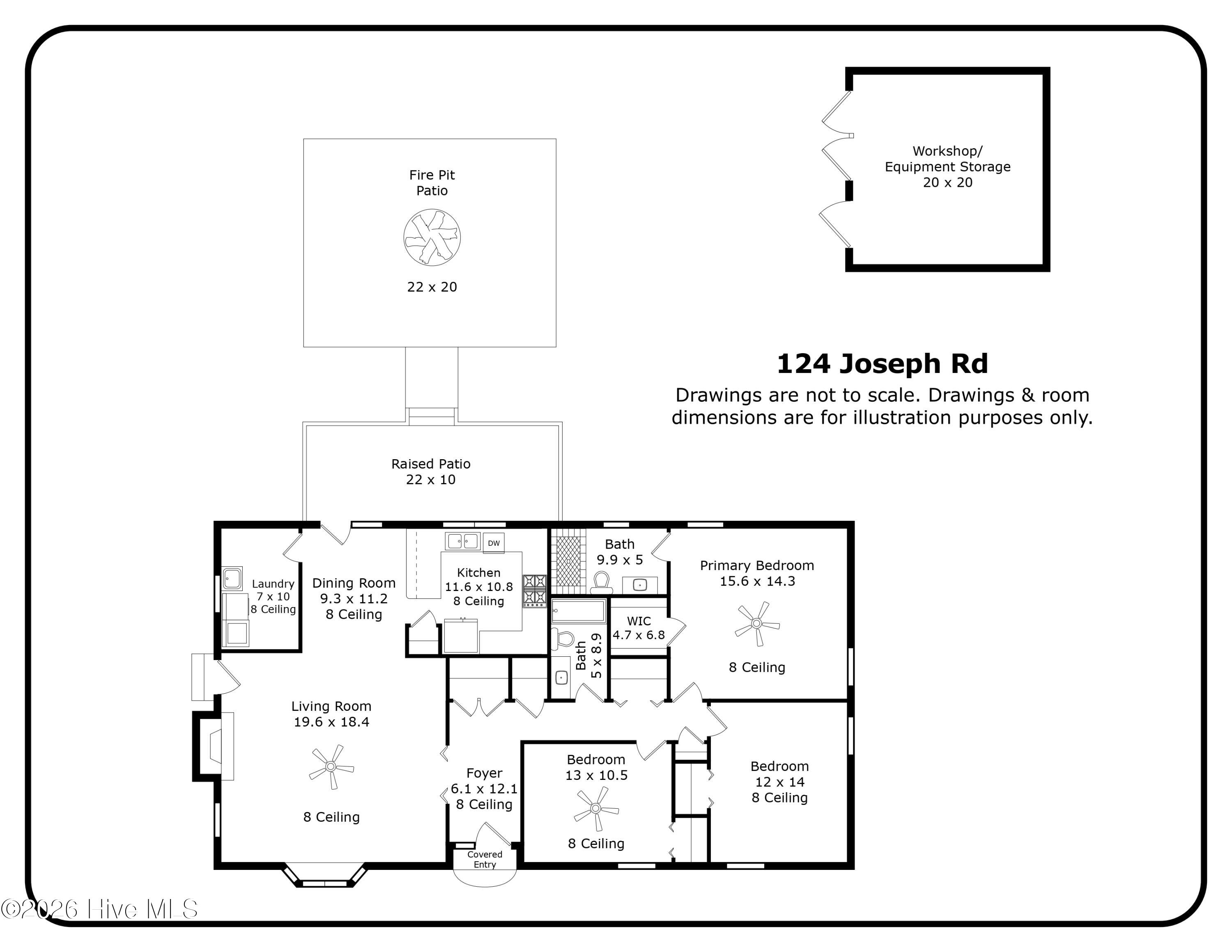 124 Joseph Road Aberdeen, NC 28315 - Photo 64 of 64 Illustrated floor plan showing the layout of the single level ranch home at 124 Joseph Road. The home offers approximately 1,684 heated square feet with three bedrooms and two bathrooms arranged for comfortable one level living. The layout includes a living room, kitchen with dining area, primary bedroom with private bath, and two additional bedrooms with a shared bathroom. The diagram also identifies the detached workshop located on the property. Floor plan and room dimensions are approximate and provided for illustration purposes only. Buyers should verify measurements if important.