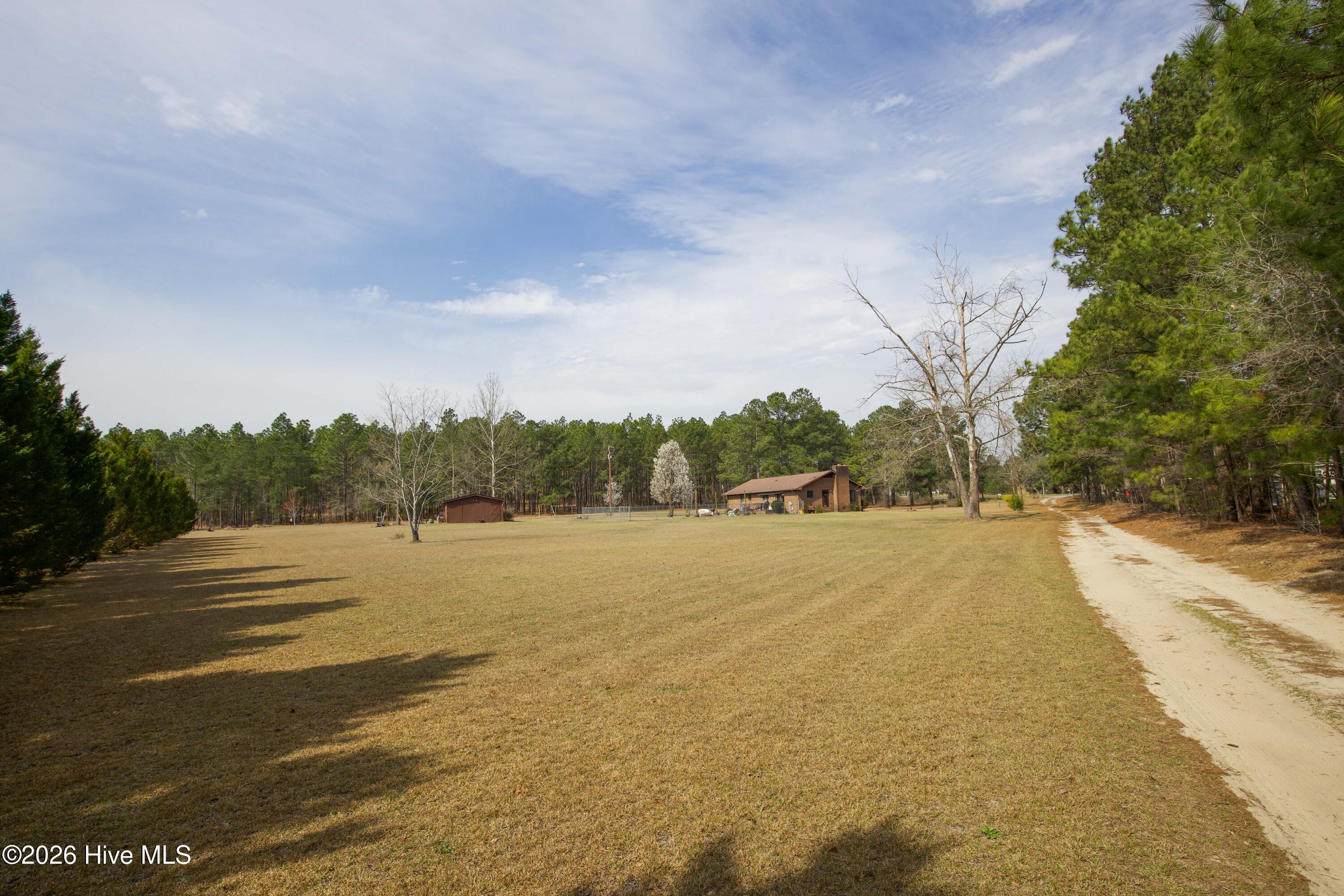 124 Joseph Road Aberdeen, NC 28315 - Photo 24 of 64 View across the property showing the driveway and open acreage leading toward the home and outbuildings at 124 Joseph Road. The approximately 5.06 acre property offers a spacious rural setting with plenty of room for outdoor activities while remaining conveniently located near Aberdeen, Southern Pines, and Pinehurst.