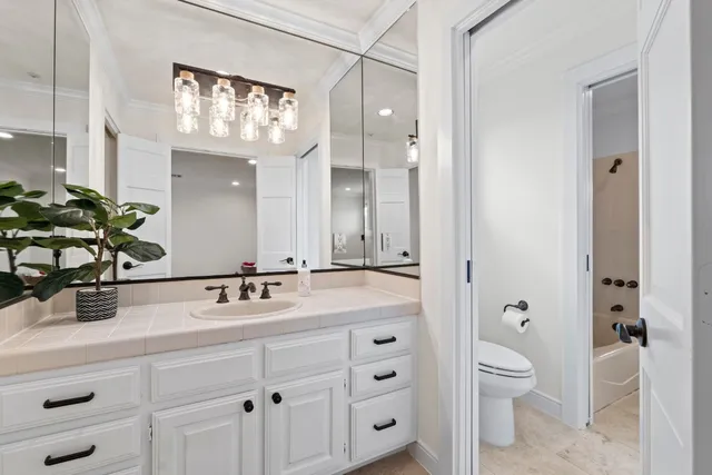 a bathroom with a sink a toilet and a large mirror