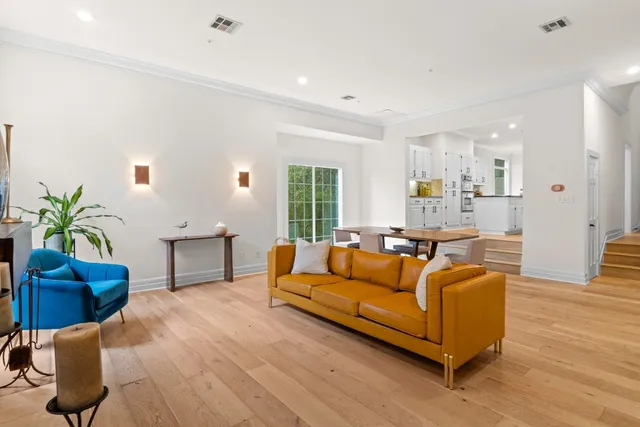 a living room with furniture and a potted plant