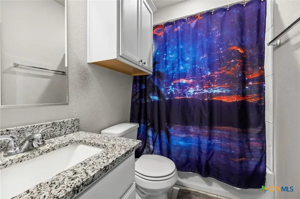 a bathroom with a sink a toilet and shower curtain