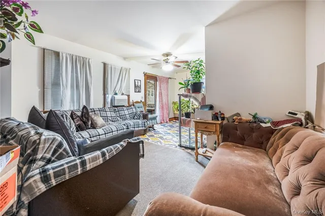 a living room with furniture and a potted plant