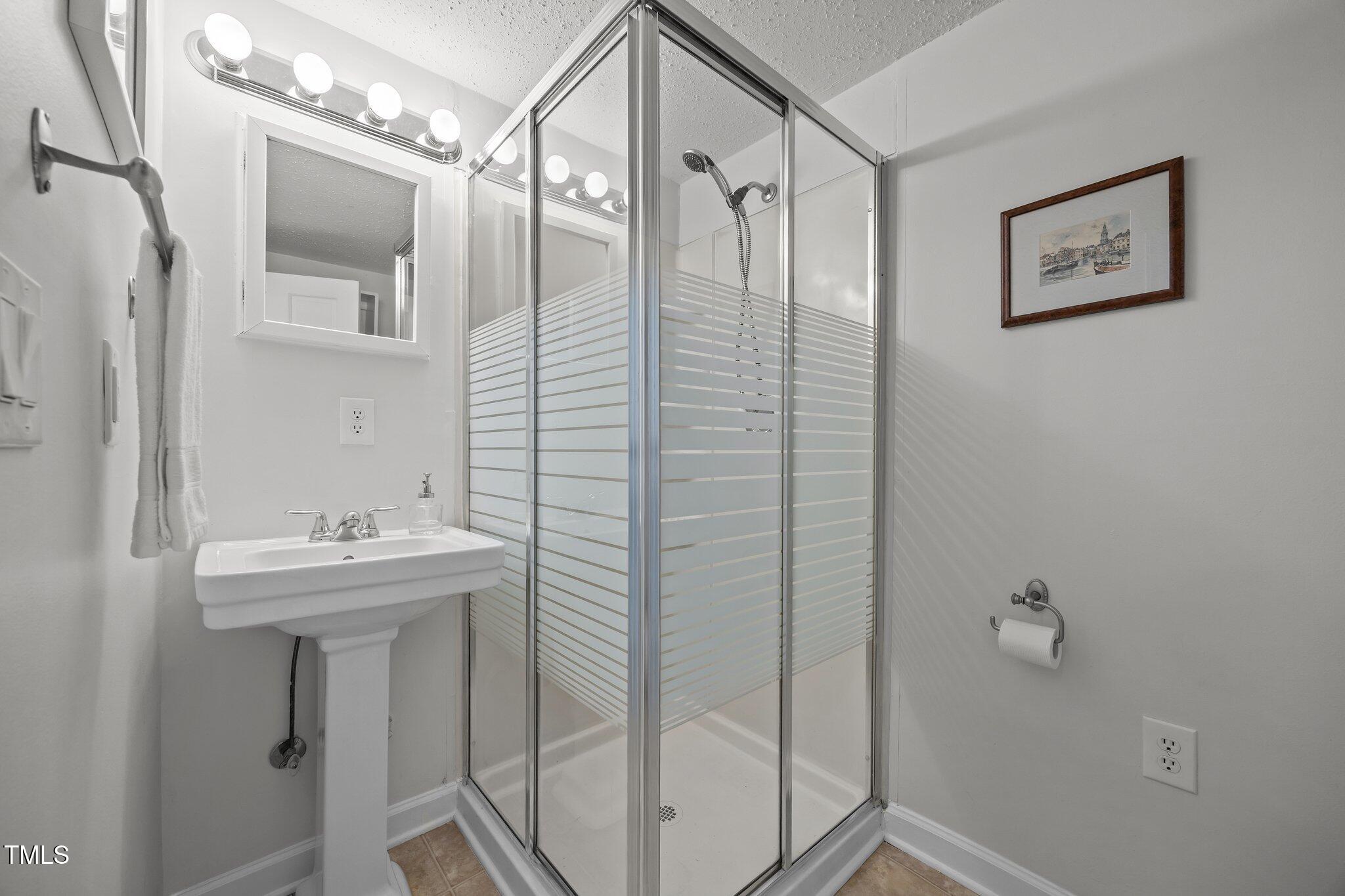 711 New Road Raleigh, NC 27608 - Photo 33 of 54 a bathroom with a sink mirror and a shower