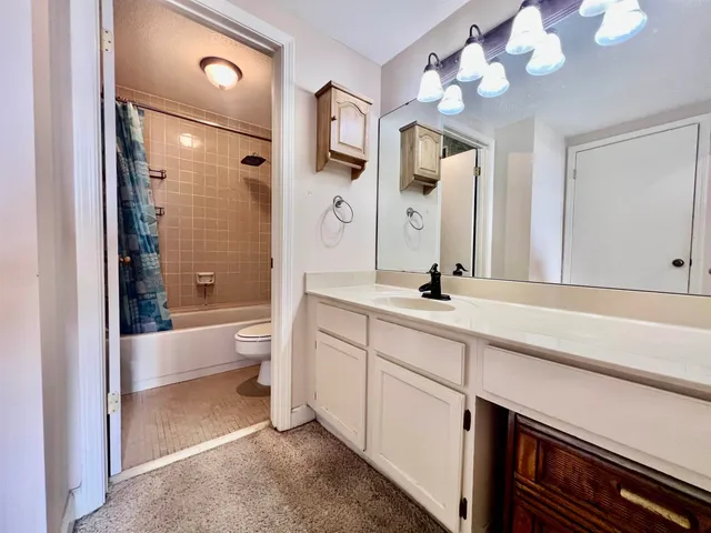 a bathroom with a sink a toilet and a large mirror