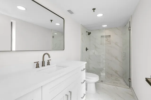 a bathroom with a sink a toilet and shower