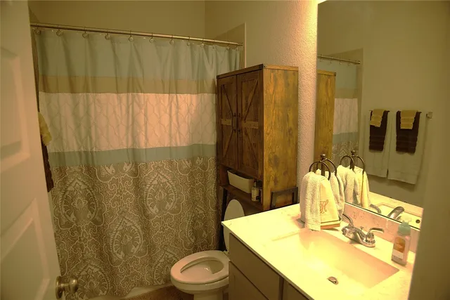 a bathroom with a sink a toilet and shower curtain