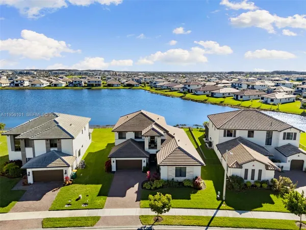 an aerial view of a house with a garden space