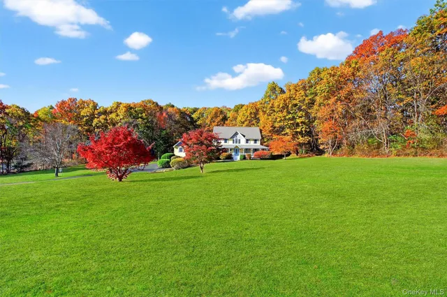 a view of yard with swimming pool and green space