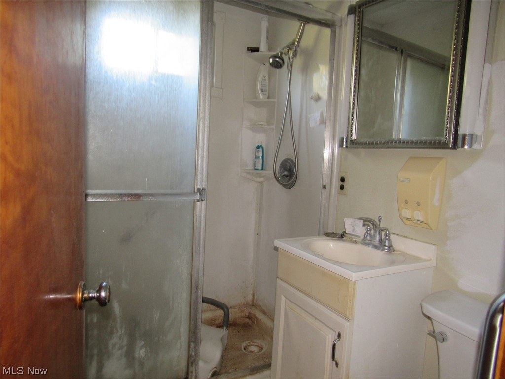 6986 Reed Road Conneaut, OH 44030 - Photo 20 of 22 Bathroom featuring walk in shower, toilet, and oversized vanity