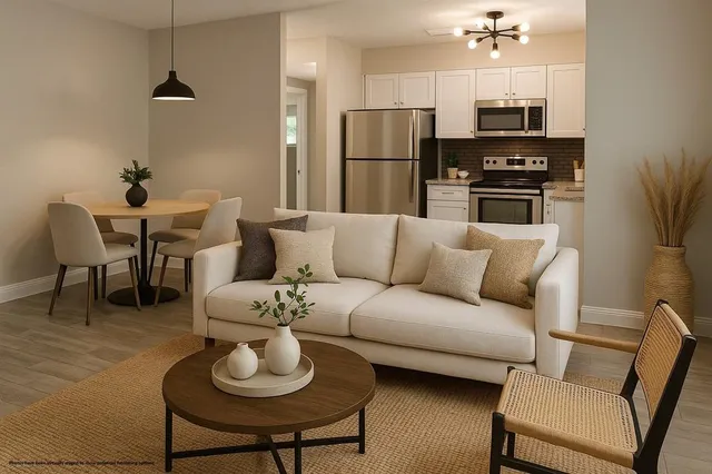 a living room with stainless steel appliances furniture a chandelier and a kitchen view
