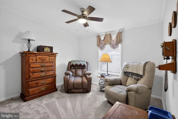 a living room with furniture a ceiling fan and a window