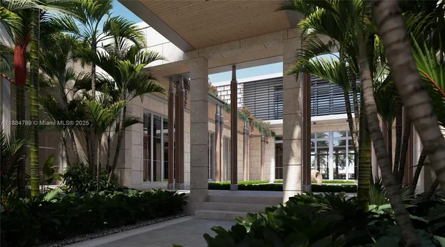 a view of a backyard with swimming pool and furniture