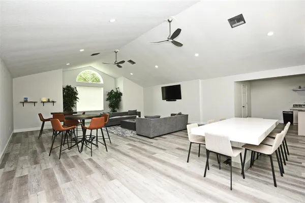 a view of a dining room with furniture
