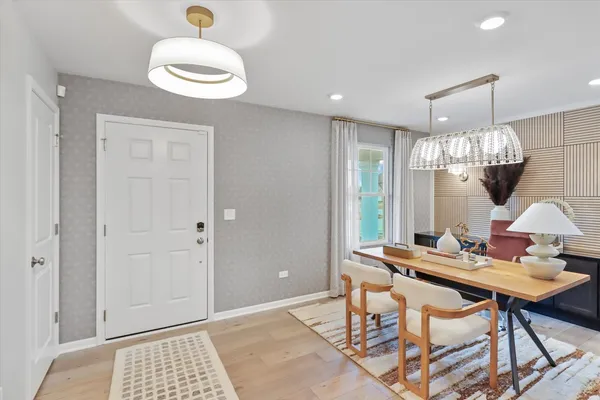 a view of a dining room with furniture