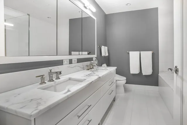 a bathroom with a sink a toilet and mirror