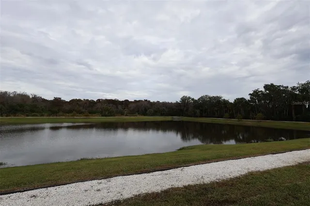 an aerial view of a lake
