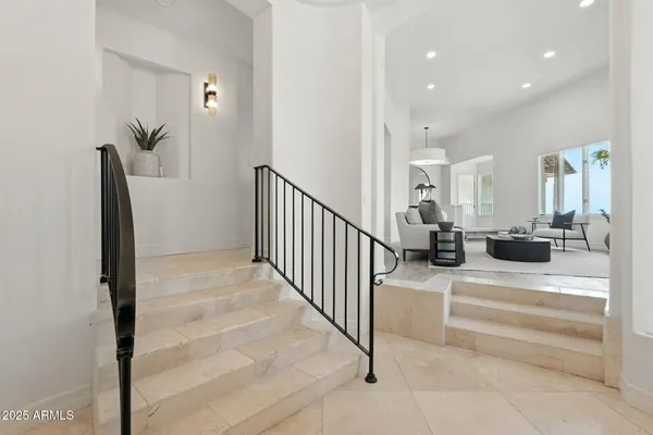 a view of a chandelier in a room