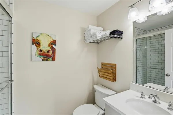 a bathroom with a sink mirror and toilet