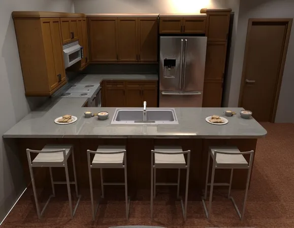 a kitchen with a table chairs and refrigerator