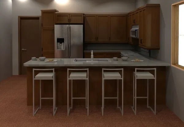 a kitchen with appliances cabinets and furniture