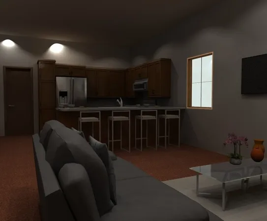 a living room with furniture a flat screen tv and kitchen view