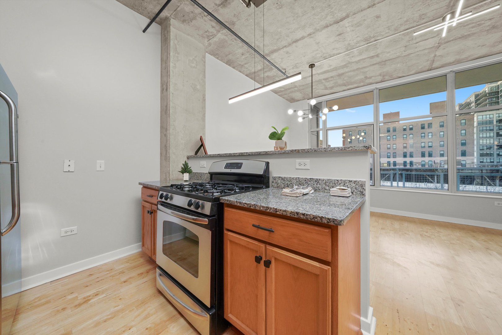 50 East 16th Street, Unit 414 Chicago, IL 60616 - Photo 12 of 26 a view of a kitchen with stainless steel appliances granite countertop a stove and a refrigerator