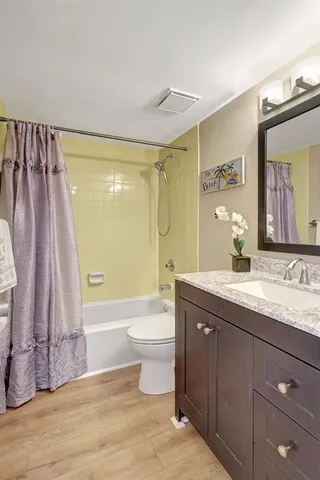 a bathroom with a toilet sink vanity and mirror