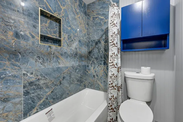 a bathroom with a toilet and a shower