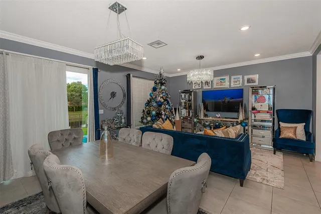a view of a dining room with furniture window and outside view