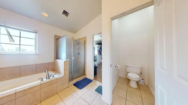 a bathroom with a bathtub and a toilet
