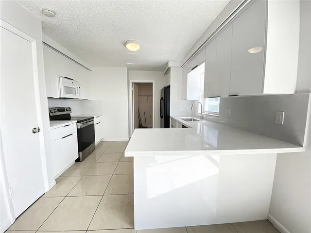 a large kitchen with a large counter top space appliances and cabinets