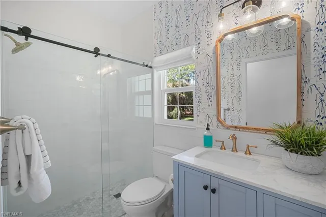 a bathroom with a sink a mirror a toilet and shower