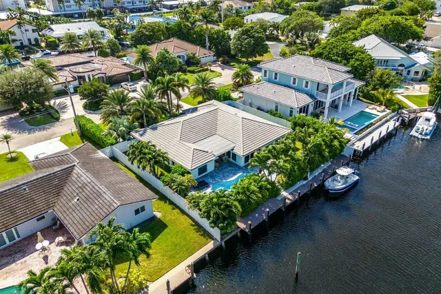 an aerial view of a house with a garden