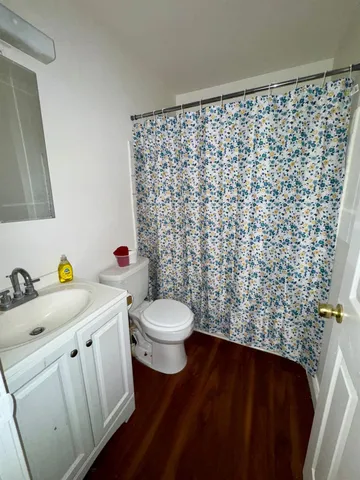 a bathroom with a toilet and a shower curtain