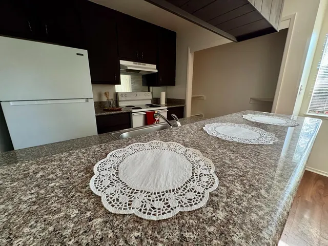 a kitchen with a granite countertop sink a stove a refrigerator and a fireplace