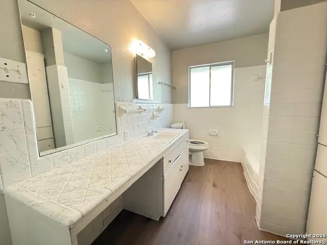 a bathroom with a granite countertop sink a toilet and vanity