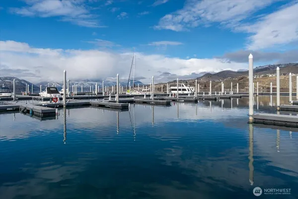 a lake view with boat and palm trees